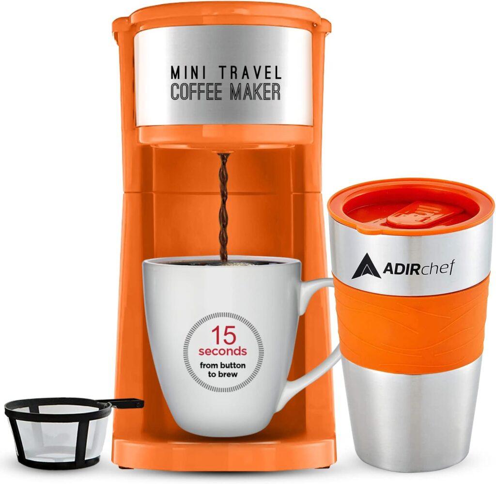 AdirChef Single Serve Mini Travel Coffee Maker  15 oz. Travel Mug Coffee Tumbler  Reusable Filter for Home, Office, Camping, Portable Small and Compact, Great for Fathers Day (Orange)