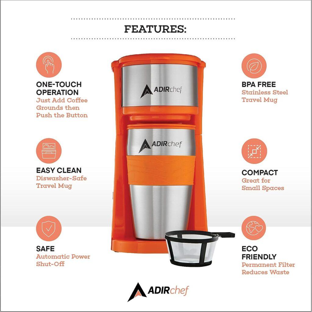 AdirChef Single Serve Mini Travel Coffee Maker  15 oz. Travel Mug Coffee Tumbler  Reusable Filter for Home, Office, Camping, Portable Small and Compact, Great for Fathers Day (Orange)