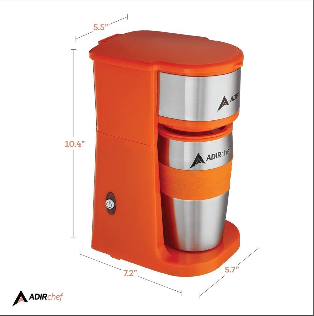 AdirChef Single Serve Mini Travel Coffee Maker  15 oz. Travel Mug Coffee Tumbler  Reusable Filter for Home, Office, Camping, Portable Small and Compact, Great for Fathers Day (Orange)